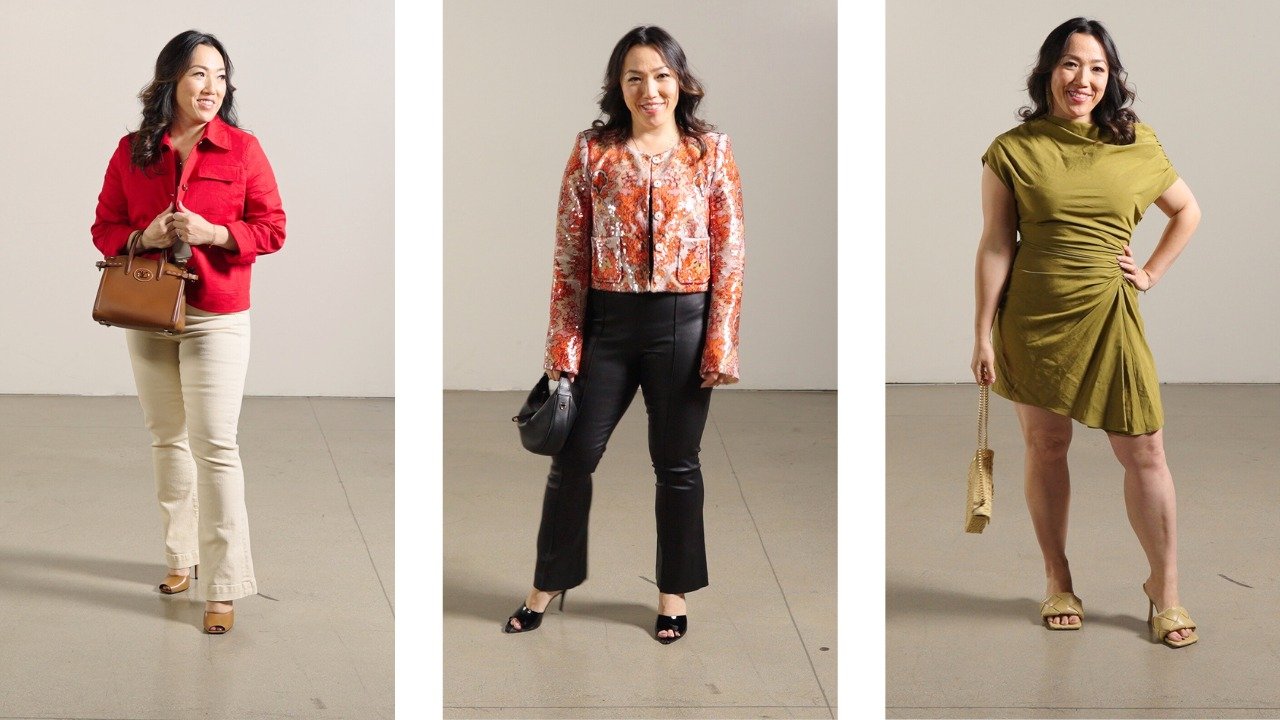 A woman modeling three outfits: red jacket with beige pants, floral top with black pants, and olive green dress, each paired with matching accessories.
